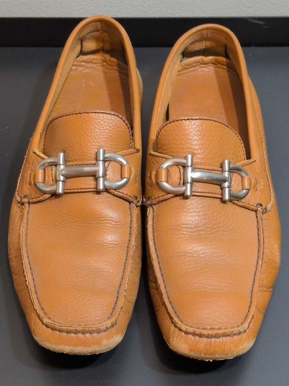 Salvatore Ferragamo Men's Leather Slip-On Loafers Tan w Metal Bit Made Italy GUC
